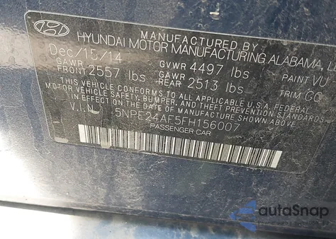 2015 Hyundai Sonata Se из США, поврежденный, VIN 5NPE24AF5FH156007